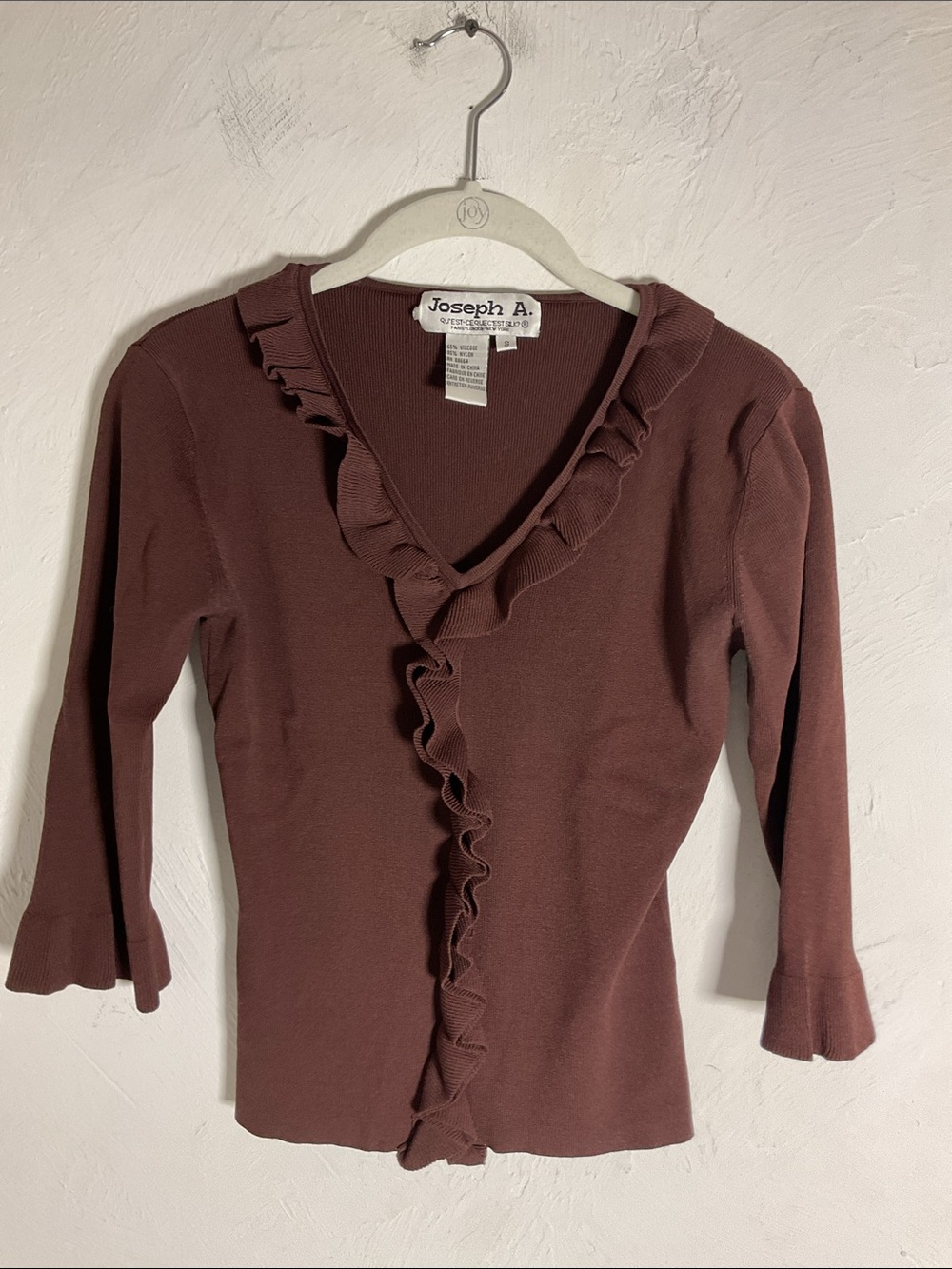 Joseph A Brown Ruffle V Neck Knit Sweater Top Flared Sleeve Size S